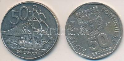 Portugália 1989. 50Esc CuNi "Hajó" + Új-Zéland 1988. 50c CuNi "H.M.S. Endeavour hajó&...