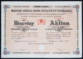 Budapest 1922. "Magyar Városi Bank Részvénytársaság" részvénye 400K-ról szelvényekkel és szárazpecséttel, felülbélyegezve T:III