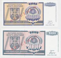 Bosznia-Hercegovina / Szerb Köztársaság 1992. 1000D "SPECIMEN" + 1993.  1.000.000D "S...