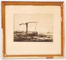 Szőnyi István (1894-1960): Gémeskút. Rézkarc, papír, jelzett, 17×22