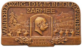Osztrák-Magyar Monarchia 1914-1915. "Téli hadjárat a Kárpátokban / 2. Hadsereg 1914-15" tombak sapkajelvény  "BILDH. GURSCHNER WIEN VII/2" gyártói jelzéssel (23x40mm) T:2 Austro-Hungarian Monarchy 1914-1915. "WINTERFELDZUG 1914-1915 IN DEN KARPHATEN / 2. ARMEE / VIRIBUS UNITIS" tombac cap badge with makers mark "BILDH. GURSCHNER WIEN VII/2" (23x40mm) C:XF