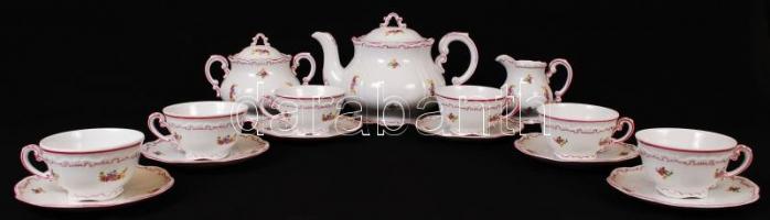 Zsolnay teás készlet, matricás, jelzett, egyik csészén apró hiba