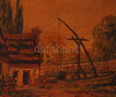 Bakányi jelzéssel: Gémeskút az udvaron. Olaj, karton, antik sérült keretben, 31×37 cm