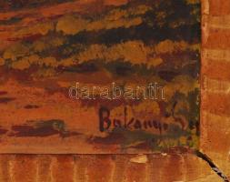 Bakányi jelzéssel: Gémeskút az udvaron. Olaj, karton, antik sérült keretben, 31×37 cm