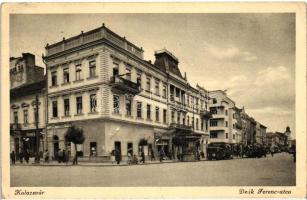 Kolozsvár, Deák Ferenc utca, Dombi üzlete, katonai mentőautó / street, shop, military ambulance (EK)