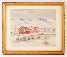 Szőnyi Jenő (1902-?): Téli táj raktár épülettel.  Akvarell, papír, jelzett, üvegezett kerteben, 19×24 cm