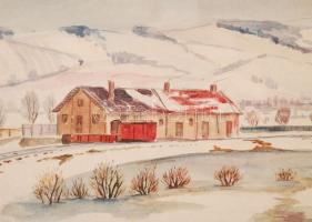 Szőnyi Jenő (1902-?): Téli táj raktár épülettel.  Akvarell, papír, jelzett, üvegezett kerteben, 19×2...