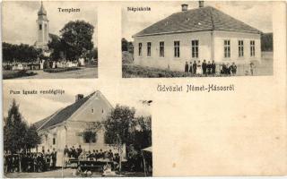 Némethásos, templom, Népiskola, Pum Ignátz vendéglője / church, school, restaurant (fa)