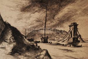 Istókovits Kálmán (1898-1990): Lánchíd 1946. Rézkarc, papír, jelzett a karcon, 15×19 cm