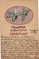 1917 Orosz levelezőlapra kézzel készített világháborús karácsonyi üdvözlet Berezovka hadifogolytáborból / handpainted POW greeting card from Siberia