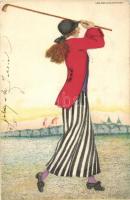 Golfozó hölgy / Golf player lady, Wiener art postcard B.K.W.I. 187-5 s: Mela Koehler