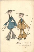 Gentlemen, handpainted postcard