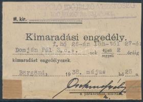 1938 Börgönd, M. Kir. Repülő Időjelző Vezetőség által kiállított kimaradási engedély