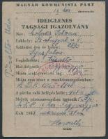 1948 Magyar Kommunista Párt által kiállított ideiglenes tagsági igazolvány tagdíjbélyegekkel