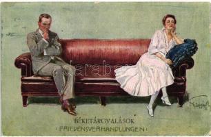 'Friedensverhandlungen / Béketárgyalások' artist signed romantic postcard (EK)