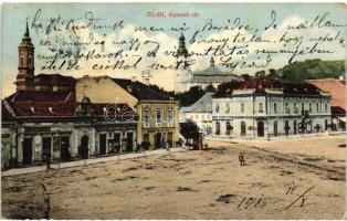 Zilah, Kossuth tér, Nagy Árpád, Éder M. és fia, Seres Lajos, Seres Samu, Pergei és Enyves üzletei, fodrász, Dohány nagyáruda / square, shops, hairdresser (EK)