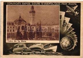 Marosvásárhely, Városháza, Kultúrpalota, posta reklám autóval, hajóval, repülővel / town hall, Cultural palace, Postal advertisement with automobile, ship and aeroplane (EB)