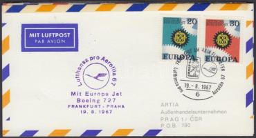 Lufthansa-MALÉV Frankfurt-Prague-Budapest occasional flight memorial sheet to Aerofila stamp exhibit...