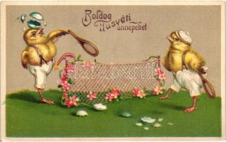 Easter, tennis playing chickens litho