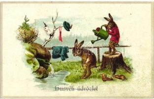 Easter, showering rabbits litho