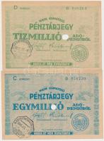 1946. 10.000AP nem kamatozó Pénztárjegy, "Másra Át Nem Ruházható" és "Gyula 946. JUN. 28. 11." felülbélyegzéssel és lyukasztva + 100.000AP + 1.000.000AP + 10.000.000AP nem kamatozó Pénztárjegyek, mindhárom "Másra Át Nem Ruházható" és "M.Kir.Postatakarékpénztár Főpénztár" felülbélyegzéssel és lyukasztva T:I-,II