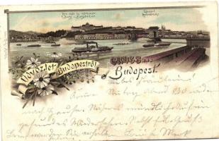 1898 Budapest Királyi vár, várbazár, Lánchíd, gőzös, floral, litho (fa)