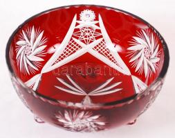 Lábas kínáló tál, több rétegű, csiszolt, metszet, d:15 cm, m:7,5 cm