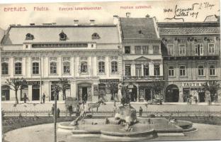 Eperjes, Takarékpénztár, Neptun szökőkút, Kun Sándor üzlete, Gregor E. üzlete, Tauth Viktor üzlete / savings bank, shops, fountain