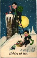 New Year, children chimney sweepers, champagne litho