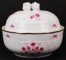 Hollóházi nagy bonbonier, matricás, rózsán apró lepattanásokkal, jelzett, m:13 cm, d:16,5 cm