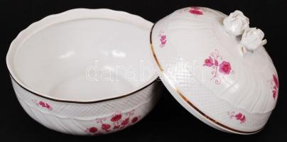 Hollóházi nagy bonbonier, matricás, rózsán apró lepattanásokkal, jelzett, m:13 cm, d:16,5 cm