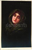 Italian art postcard, lady with scarf s: Colombo (Rb)