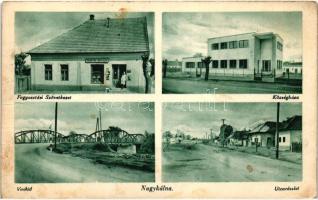 Nagykálna, Fogyasztási szövetkezet, Községháza, vashíd, utca / shop, town hall, iron bridge, street (fa)