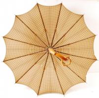 Régi esernyő, dekoratív fa szárral, kis lyukkal az esernyőn, m:78 cm