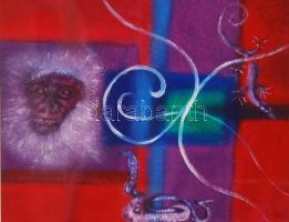 Kiss Tamás: Biotop és civilizáció. Vegyes technika, papír, jelzett, üvegezett keretben, 30×40 cm