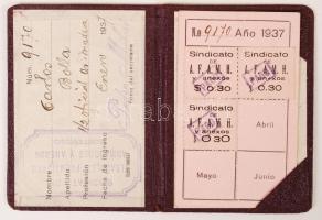 1937 Uruguayi Erdész és Köműves szakszervezet igazolványa tagsági bélyegekkel magyar állapolgár rész...