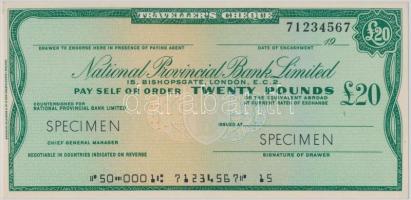 Nagy-Britannia DN "Nemzeti Tartományi Bank" 20Ł "SPECIMEN" utazási csekk T:I Great Britain ND "National Provincial Bank Limited" 20 Pound "SPECIMEN" travellers cheque C:UNC