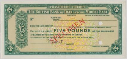 Nagy-Britannia DN "Iráni és Közel-Keleti Brit Bank" 5Ł "SPECIMEN" utazási csekk lyukasztással érvénytelenítve T:I- Great Britain ND "The British Bank of Iran and the Middle East" 5 Pound "SPECIMEN" travellers' cheque cancelled by holes C:AU