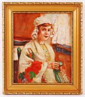 Olvashatatlan jelzéssel: Varró lány. Olaj, farost, keretben 24×20 cm