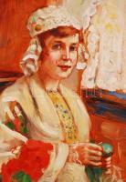 Olvashatatlan jelzéssel: Varró lány. Olaj, farost, keretben 24×20 cm