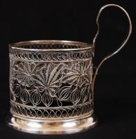 Filigrán ezüstözött teás pohártartó, benne üvegpohár, d: 7cm, m:7cm