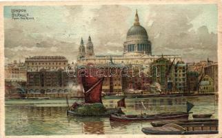 London, St. Pau's from the river, boats litho (fa)