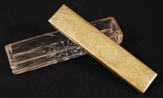 Anti asztali levélbontó tartó és tintatartók, egyik sérült, fém tetőkkel, gravírozottak, 18×5 cm, m:...