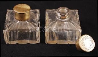 Anti asztali levélbontó tartó és tintatartók, egyik sérült, fém tetőkkel, gravírozottak, 18×5 cm, m:...