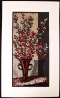 Krajcsirovits Henrik (1929-): Barkás csendélet. Színezett linó, papír, jelzett, 19x39 cm