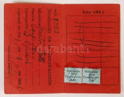 1936 Az Uruguayi építőmunkások szakszervezetének tagsági igazolványa magyar részére / Uruguay Union ...