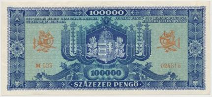 1945. 100.000P "kék" zöld bélyeggel T:II- 
Hungary 1945. 100.000 Pengő blue type with gree...