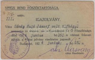 1924. "Vitézi jelvény" viselésére jogosító igazolvány