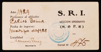 1929 A Nemzetközi Vörös Segély tagsági kártyája magyar személy részére / 1929 International Red Aid membership card
