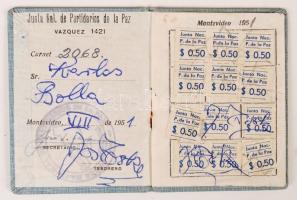 1951 Uruguay Katonai Egyesület a Békéért szervezet igazolványa magyar személy részére tagsági bélyeg...